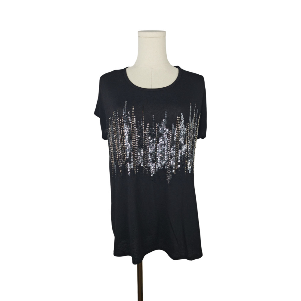 Daytrip Women's Black T-Shirt with Silver Sequin Embellished Front Sz. M
